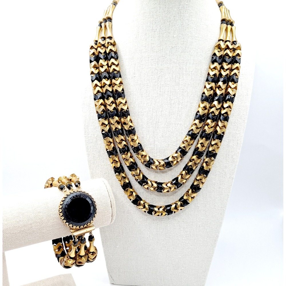Vintage Hobe Necklace Bracelet Set Goldtone Black Chevron V Pattern Beads Design